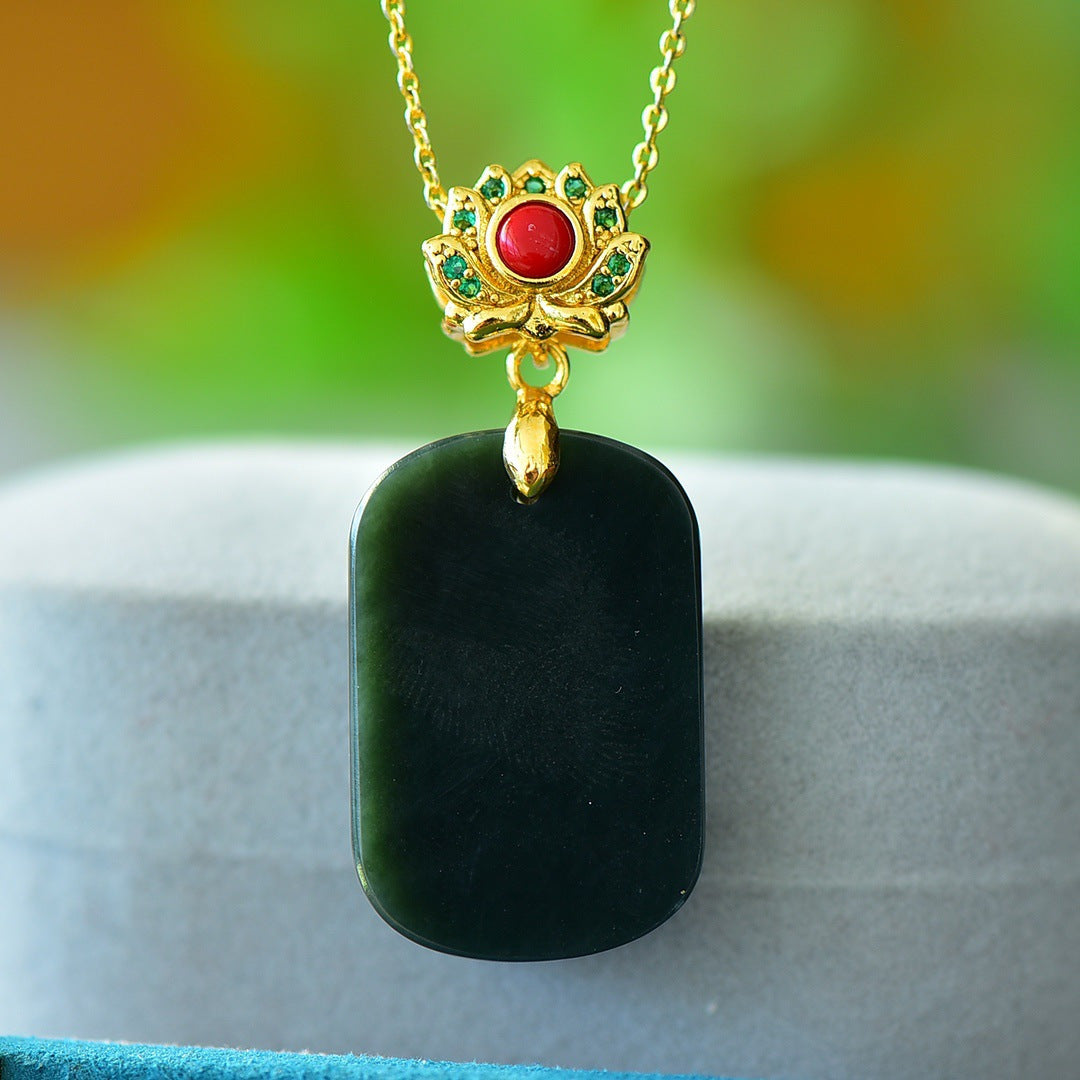 Stylish natural Hetian jade pendant inlaid with copper, blue jade
