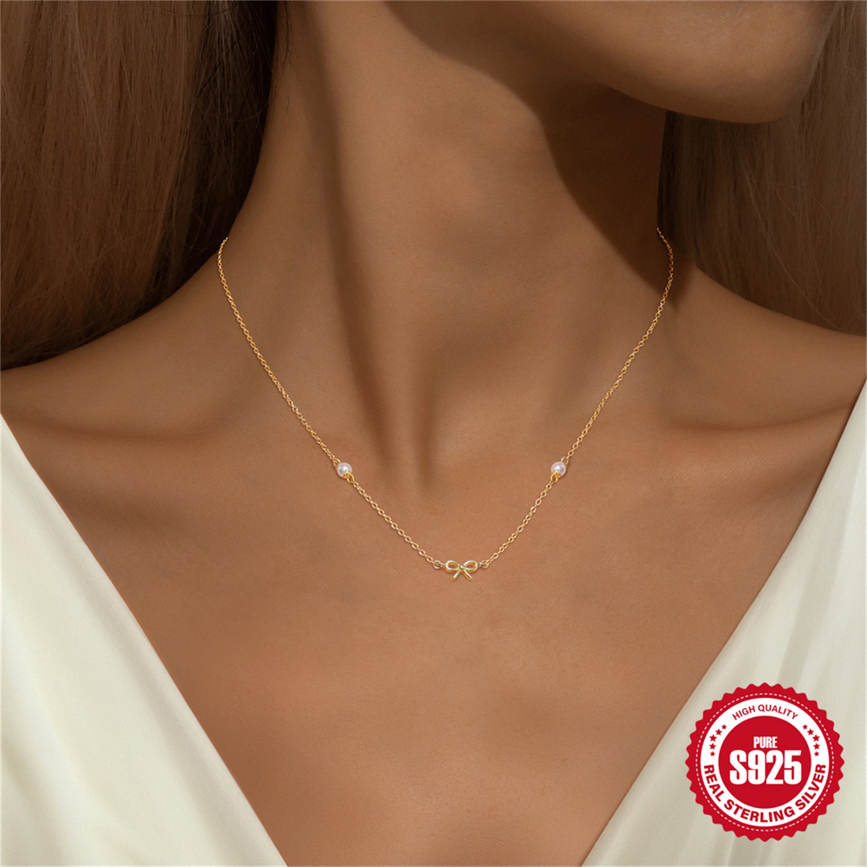 S925 Sterling Silver Double Clavicle Chain Necklace with Pearl Knot
