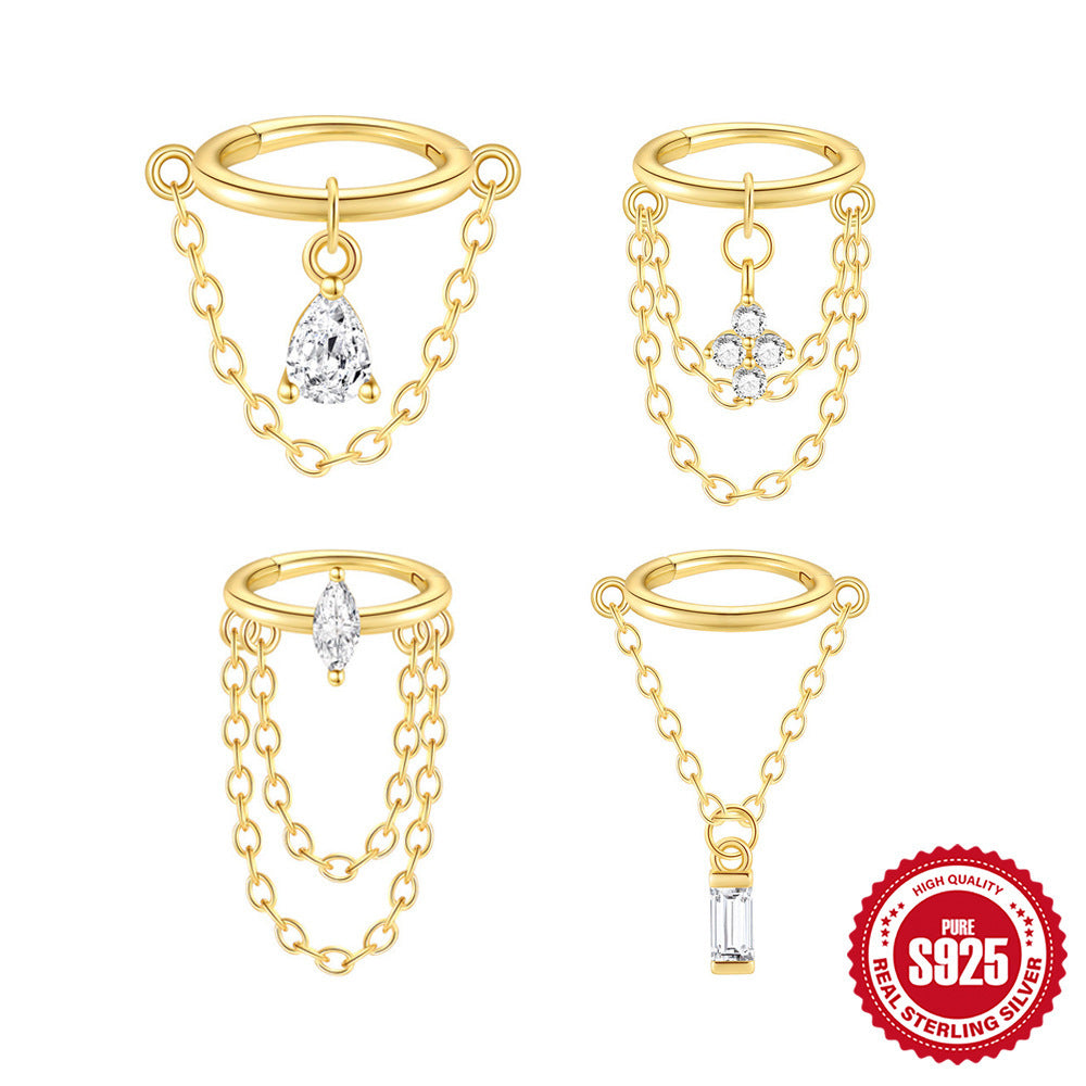 S925 Sterling Silver Geometric Diamond Tassel Cartilage Earring Chain