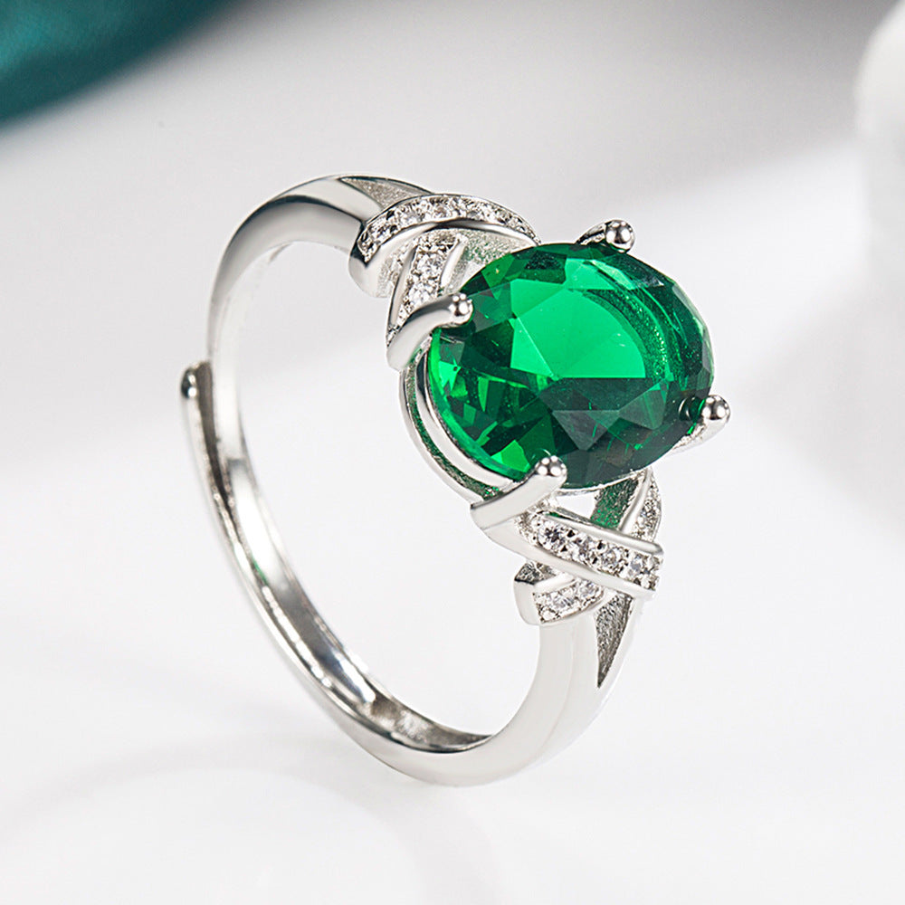 Women's Inlaid Zircon Open Ring, Emerald Tourmaline Cross Open Ring