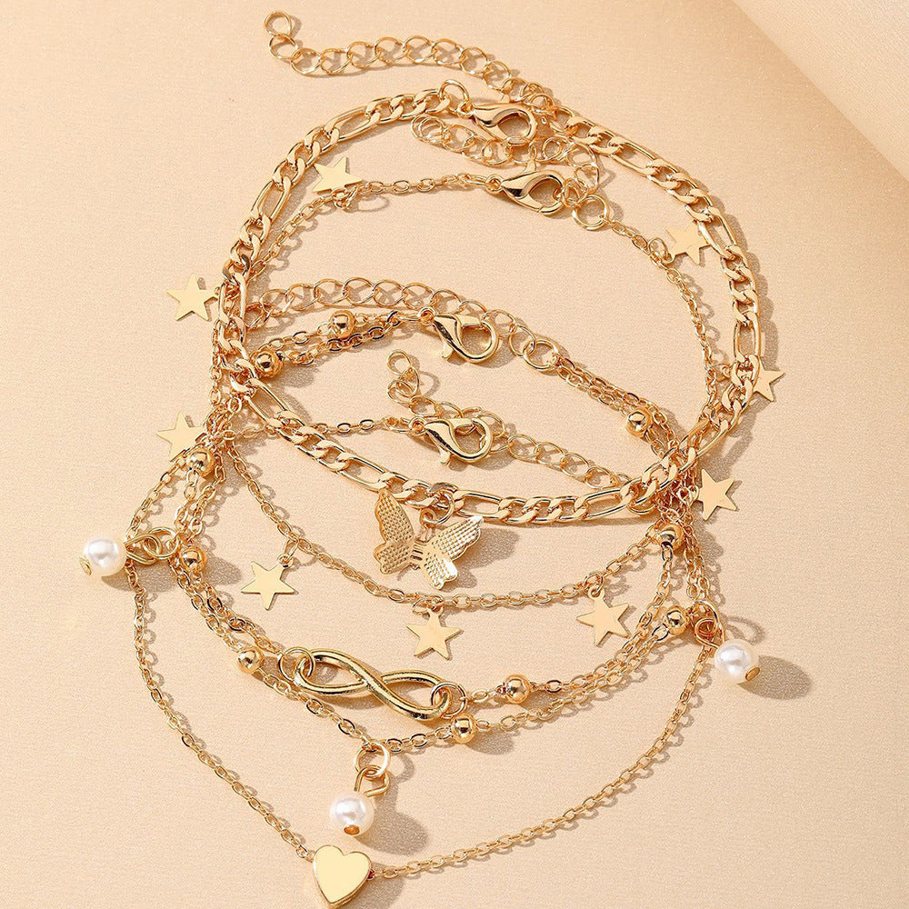Set of 4 Women's Multi-layer Heart and Butterfly Anklets