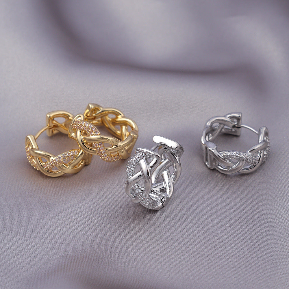 Micro-zircon, woven, twisted, gold-plated, lightweight, luxurious and high-end stud earrings