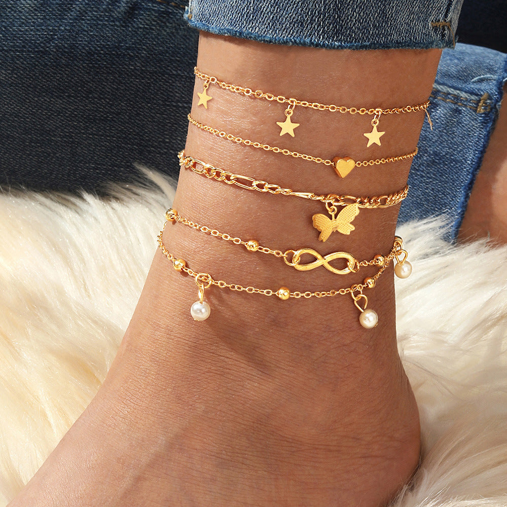 Set of 4 Women's Multi-layer Heart and Butterfly Anklets