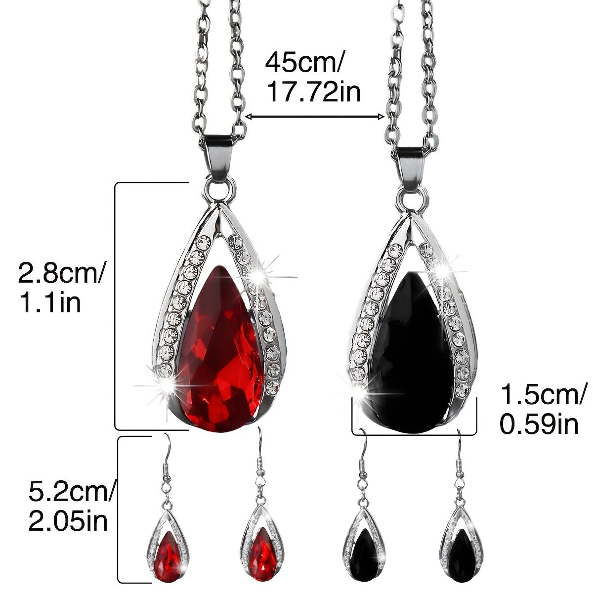 This set of a necklace and a pair of earrings features an elegant design with glass drop pendants.
