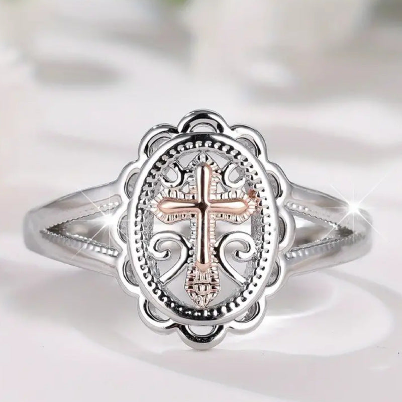 Personalized Ring for Women with Cross and Lace
