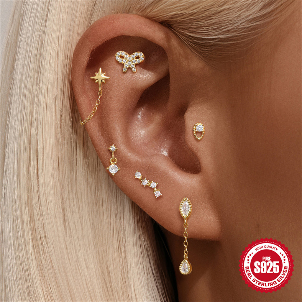S925 sterling silver ear stud with rhinestone inlaid and hollow lotus flower