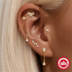S925 sterling silver ear stud with rhinestone inlaid and hollow lotus flower
