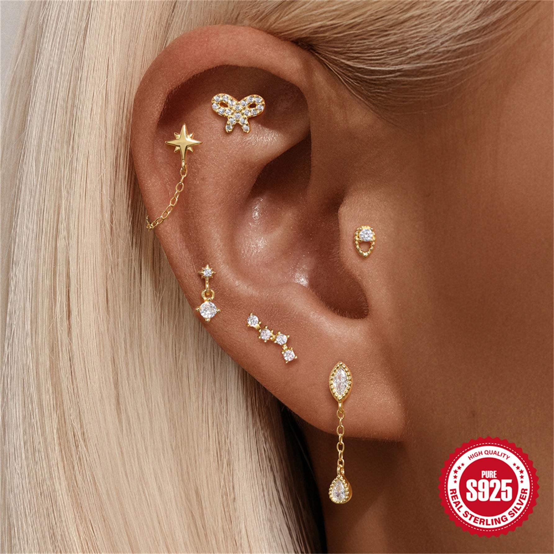 S925 sterling silver ear stud with rhinestone inlaid and hollow lotus flower