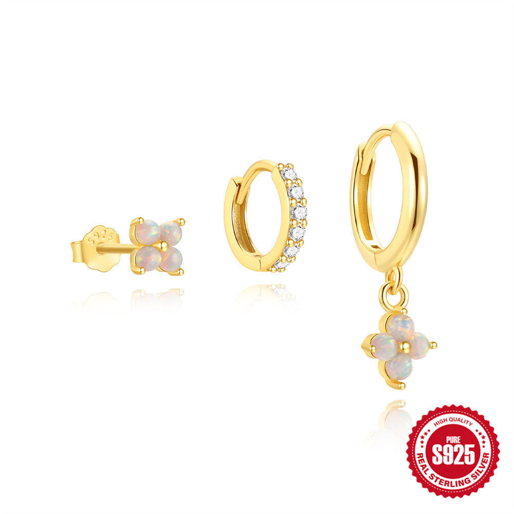 S925 sterling silver earrings with classic geometric petals and diamonds